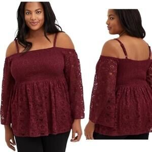 Torrid Babydoll Blouse Women’s Plus Size 5 Cold Shoulder Tank Top Lace Plum 5X
